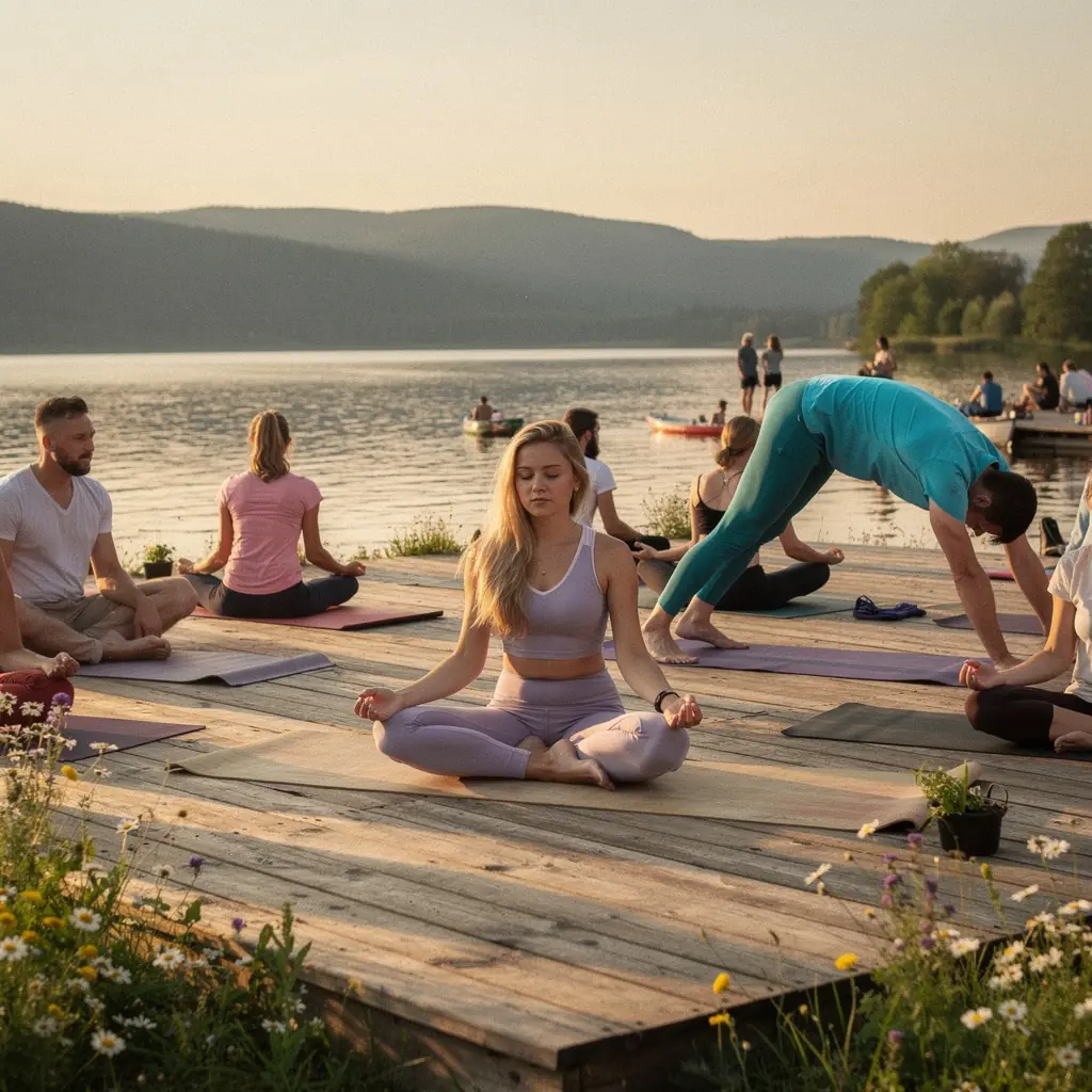 Kolorowe maty jogi rozłożone na podłodze, z uczestnikami medytującymi w tle.