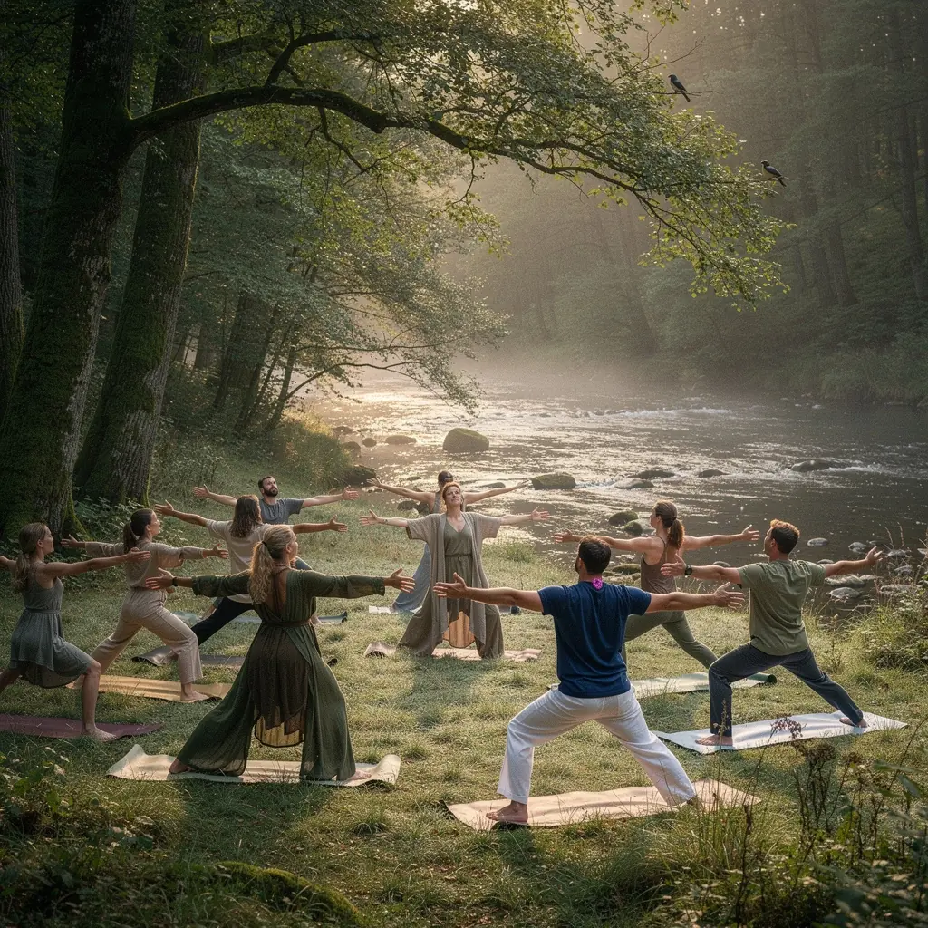 Grupa osób praktykujących jogę w otoczeniu natury, harmonizujących swoje centra energetyczne.