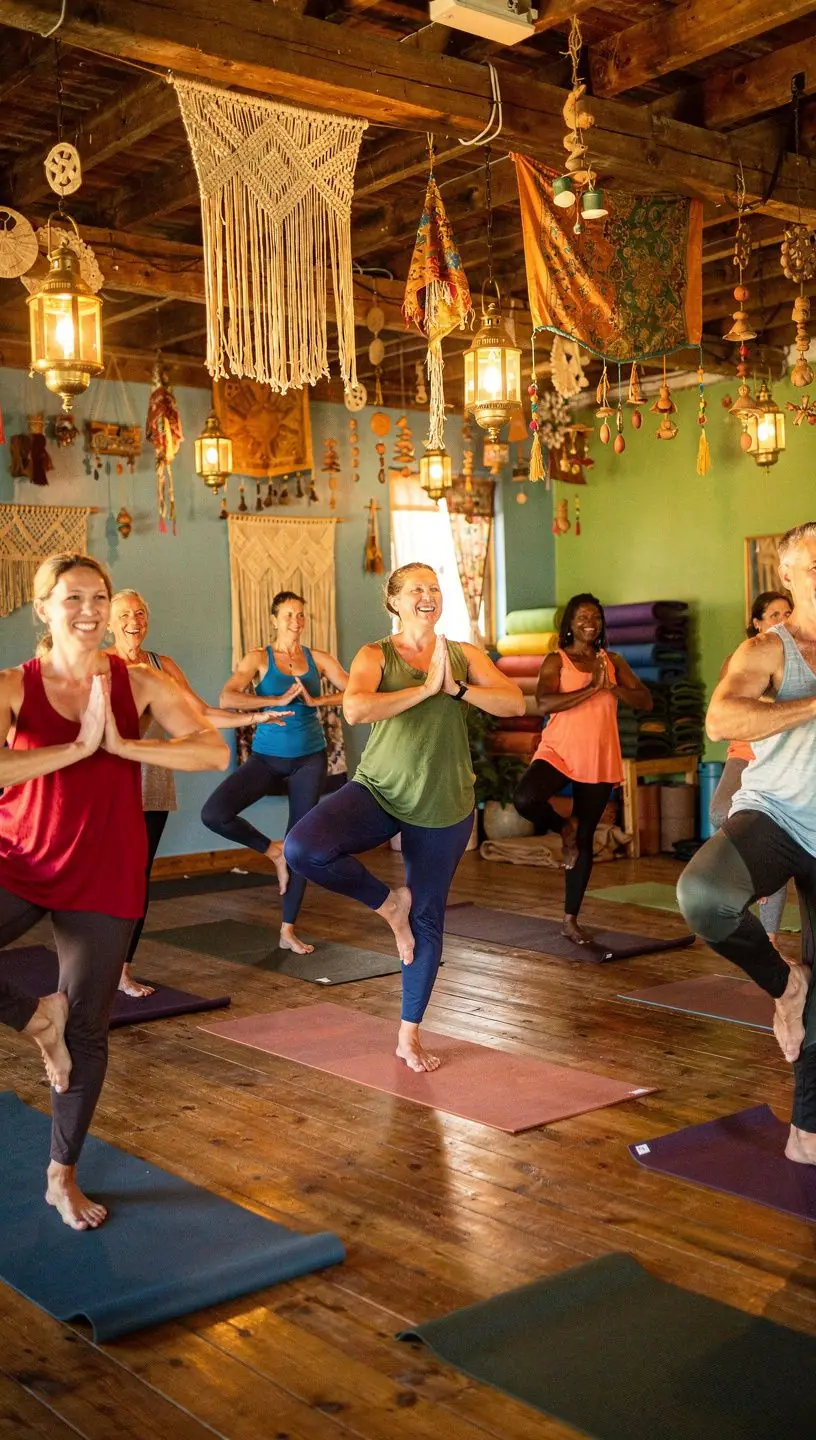 Grupa osób praktykujących jogę w otoczeniu natury, harmonizujących swoje centra energetyczne.