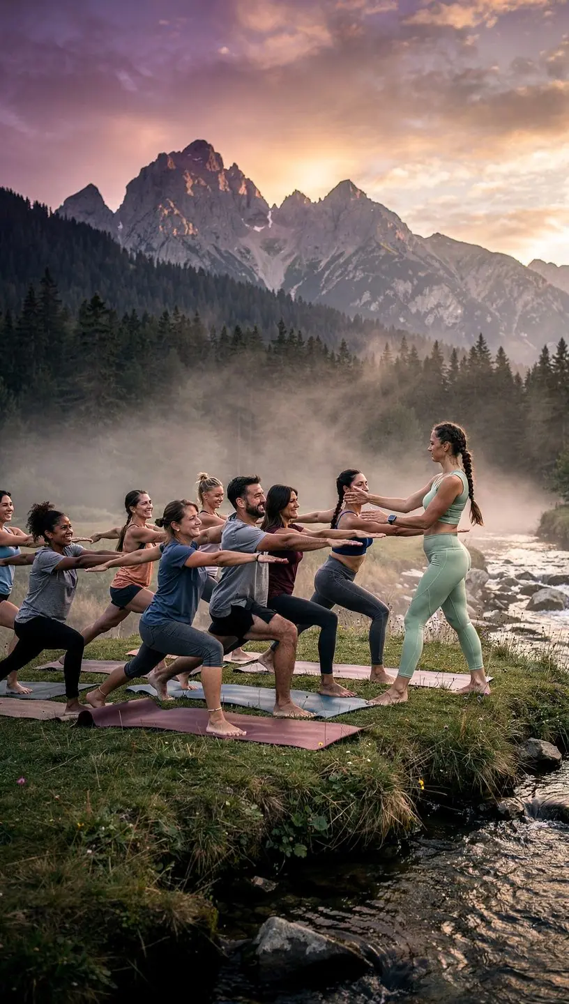 Grupa osób praktykujących jogę w otoczeniu natury, harmonizujących swoje centra energetyczne.