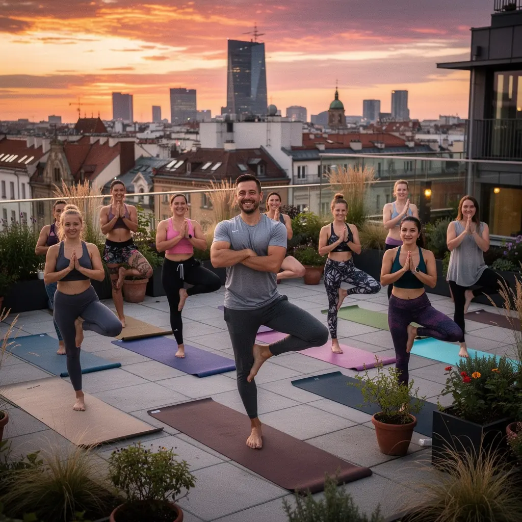Grupa osób praktykujących jogę w otoczeniu natury, harmonizujących swoje centra energetyczne.