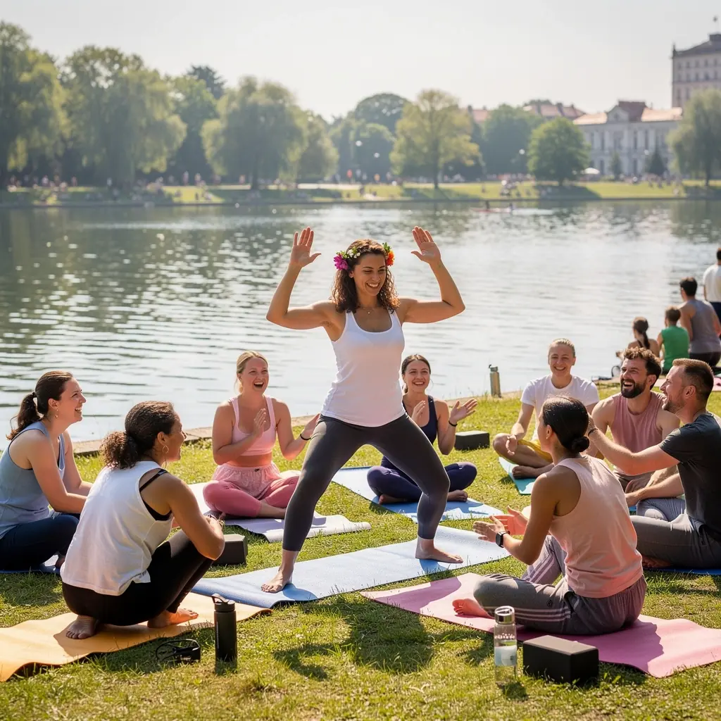 Grupa osób praktykujących jogę w otoczeniu natury, harmonizujących swoje centra energetyczne.