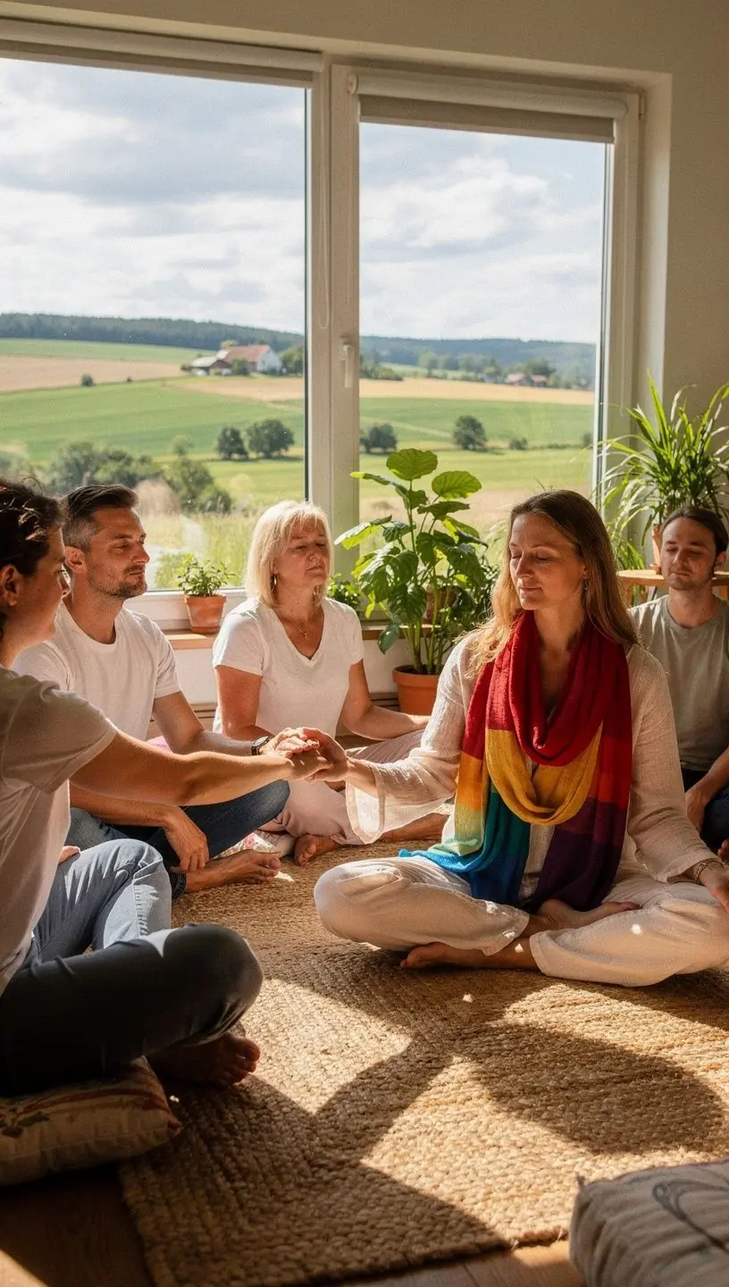 Warsztat jogi skupiający się na siedmiu centrach energetycznych, z uczestnikami wykonującymi różne asany.